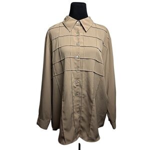 Women’s Button Up Shirt Blouse Jordan Long Sleeve Solid Tan SZ 18 W Windowpane